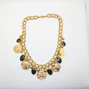 Coin Necklace Black Disc Charms Coin Dangles Charms Gold Tone Link Chain 24"